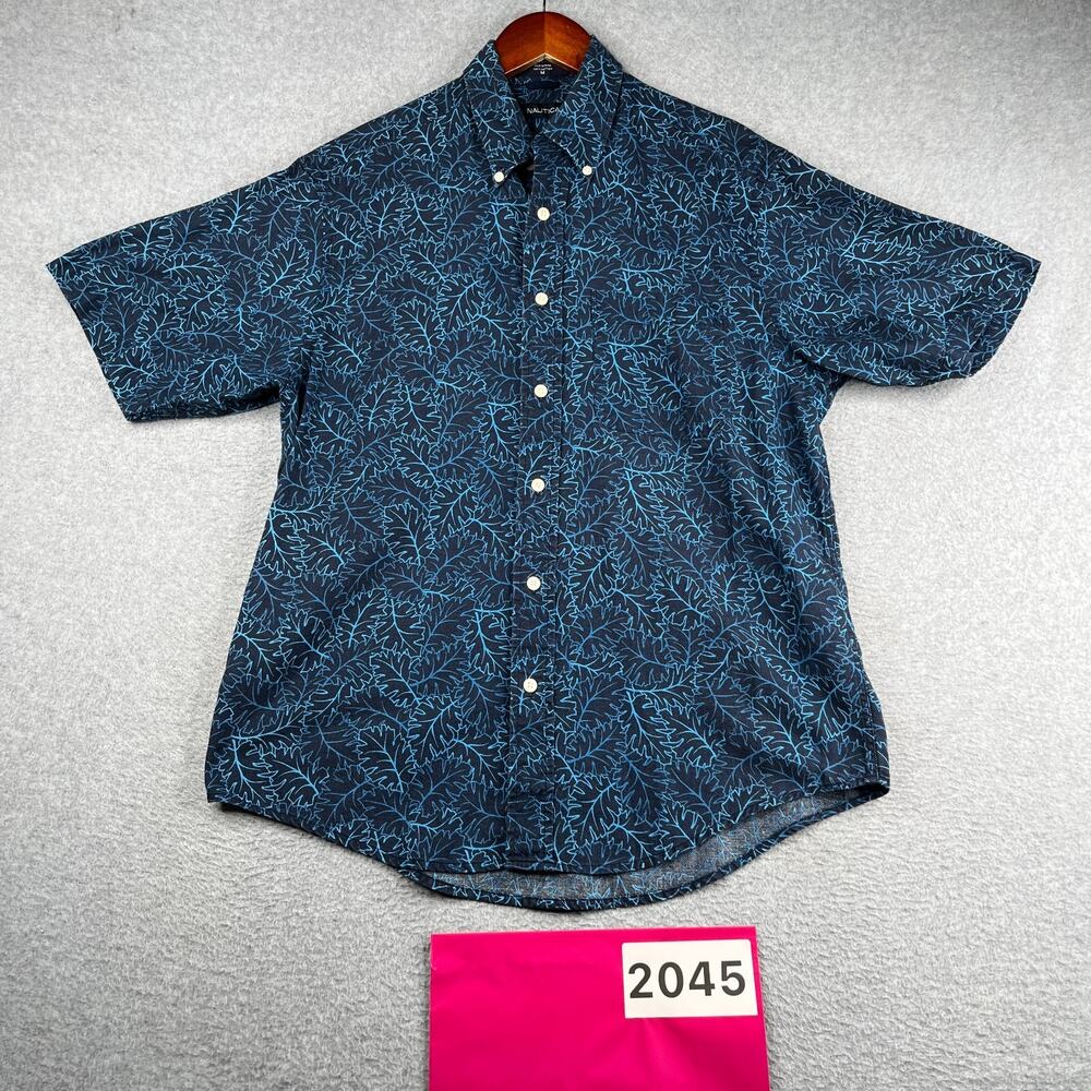 Nautica Tropical Print Shirt Blue Beach Casual Button Up Short Sleeve Mens M